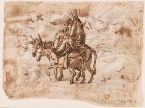Sida i en skissbok; Flyg till Egypten; Korsfästelse av Jan van der Straet, called Stradanus