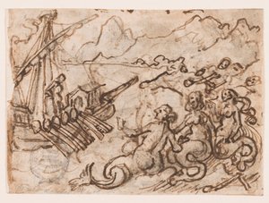 Sida i en skissbok: Ulysses passerar sirenerna (recto); Ulysses i underjorden (verso) av Jan van der Straet, called Stradanus