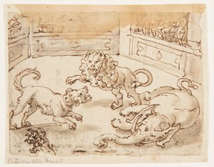 Recto: Alexander den store tittar på en kamp mellan sin hund och en elefant och ett lejon; Verso: Verso: inskription som hänför sig till Plinius den äldres naturhistoria, bok 8, kap. 61 av Jan van der Straet, called Stradanus