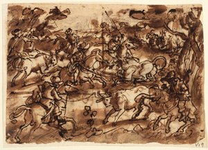 Recto: Tjurjakt med lassos; Verso, ovan: Björnjakt av Men in Armor; Verso, nedan: Jaga apor genom bedrägeri; alla preliminära mönster för Venationes-serien av Jan van der Straet, called Stradanus