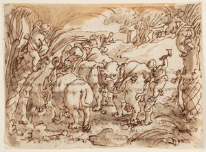 Recto: Elephants Hunted by Troglodytes [Cavemen]; Verso: inskription som hänför sig till Plinius den äldres naturhistoria, bok 8, kap. 8