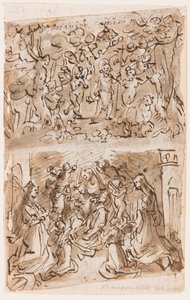 Recto, ovan: Unga St. Johannes Döparen guidad av änglar i öknen; Recto, nedan: Sacra Conversazione med Sts. Barbara och Catherine; Verso, ovan: Cruxifiction; Verso, nedan: Kristus helar förlamade nära Bethesda-dammen av Jan van der Straet, called Stradanus