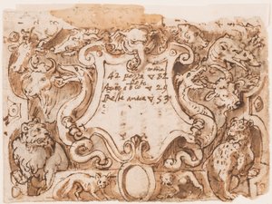Till höger: preliminär design för titelsidan för tryckserien Hunting of Wild Bears and Fish; Verso: anteckningar av Stradanus om betalningar till en skräddare av Jan van der Straet, called Stradanus