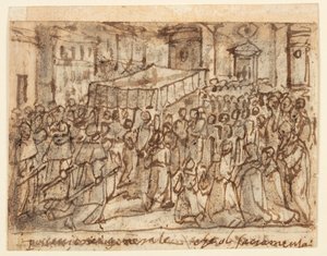 Skissboksida med procession med värden och påvlig mässa av Jan van der Straet, called Stradanus