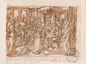 The Judgment of Salomon, preliminär design för "Spiritus Sapientiae" (Vishetens ande), plåt 1 i tryckserien "Seven Gifts of the Holy Spirit" av Jan van der Straet, called Stradanus