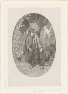 Man vid ett träd i en skog av Jan van der Veen (prentmaker)