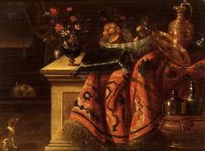 Ett stilleben med en vas med blommor, frukt i en skål, en silverförgylld då och tallrik & en kudde av Jan van the Elder (follower of) Kessel