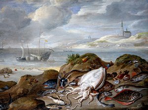 Ett landskap med fisk på en sanddyn i en flodmynning (olja på koppar)