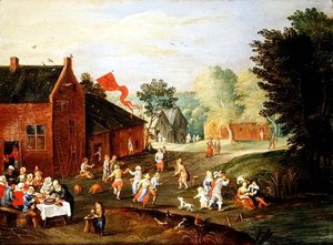 Bönder festar i en by av Jan van the Elder Kessel