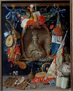 Jungfru omgiven av vanitesymboler. Målning av Jan I Kessel Den gamle (1626 - 1679)