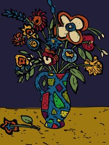 Flowers in a loudware Jug, 2012 (omfärgad i photoshop från original linosnitt) av Jane Willingale