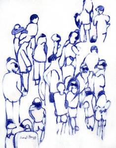 Crowd in Blue, ca 2024 (blandteknik på papper) av Janel Bragg