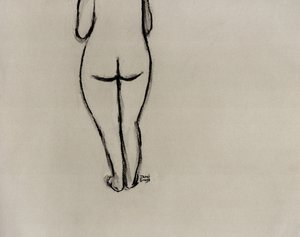 Kvinnofigur med ansiktet vänt bortåt, ca 2025 (kol på papper) av Janel Bragg