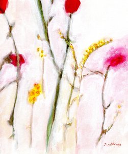 Blommor i orange och lila, ca 2019 (akvarell och kasein på papper) av Janel Bragg