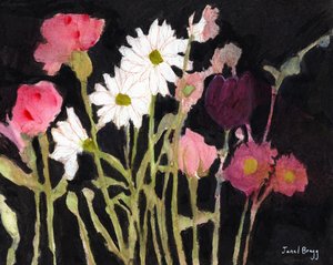 Blomma med tusenskönor, ca 2024 (kol, akvarell, kasein och blyerts på papper) av Janel Bragg