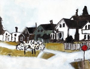 Houses on 7th Street, ca 2020 (akvarell, kasein och kol på papper) av Janel Bragg