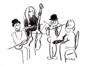 Musikanter på Victorian Festival, ca 2021 (kol på papper) av Janel Bragg