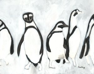 Penguins at Woodland Park Zoo, ca 2021 (sumi-tusch och gesso på papper) av Janel Bragg