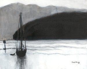 Sailboat in Anacortes Harbor, ca 2021 (kol, bläck och gesso på papper) av Janel Bragg