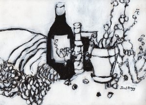 Stilleben med olivolja och kottar, ca 2017 (kol och gesso på papper) av Janel Bragg