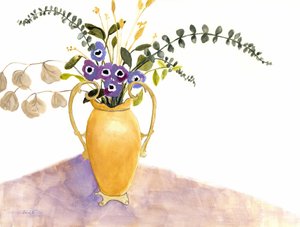 Stilleben med lila blommor och engelsk vas, ca 2024 (vattenteknik på papper) av Janel Bragg