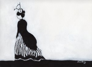 Kvinna på Victorian Festival i Port Townsend, ca 2017 (kol och gesso på papper) av Janel Bragg