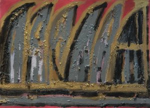 Burning House, 2013 (gouache, träaska och bladguld på papper)