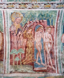Hrastovlje befästa kyrka, Trefaldighetskyrkan, Adam och Eva fördrivna från paradiset (1490), detalj från fresker av Janez Iz Kastva, Slovenien