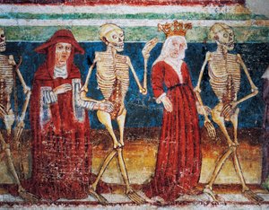 Hrastovlje befästa kyrka, Trefaldighetskyrkan, Döden som åtföljer drottning och kardinal, Dödsdansen (1490), detalj från fresker av Janez Iz Kastva, Slovenien