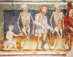 Hrastovlje befästa kyrka, Trefaldighetskyrkan, Döden som åtföljer barn och fattiga, Dödsdansen (1490), detalj från fresker av Janez Iz Kastva (1490), Slovenien