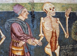 Hrastovlje befästa kyrka, Trefaldighetskyrkan, Dödsledsagande läkare, Dödsdansen (1490), detalj från fresker av Janez Iz Kastva, Slovenien