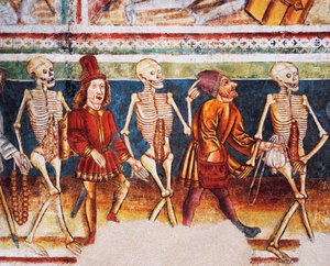 Hrastovlje befästa kyrka, Trefaldighetskyrkan, Döden som åtföljer köpman och förmögen bankir, Dödsdansen (1490), detalj från fresker av Janez Iz Kastva, Slovenien