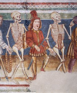 Hrastovlje befästa kyrka, Trefaldighetskyrkan, Döden som åtföljer köpman och rik bankir, Dödsdansen (1490), detalj från fresker av Janez Iz Kastva, Slovenien