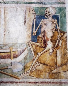 Hrastovlje befästa kyrka, Trefaldighetskyrkan, Dödsöppningsplatta av graven, Dödsdansen (1490), detalj från fresker av Janez Iz Kastva, Slovenien av Janez Kastav