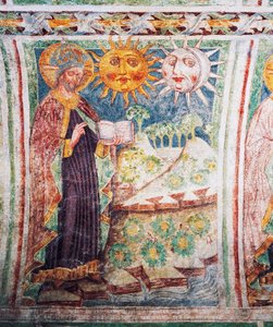 Hrastovlje befästa kyrka, Trefaldighetskyrkan, Genesis, Gud skapar sol, måne och stjärnor (1490), detalj från fresker av Janez Iz Kastva, Slovenien
