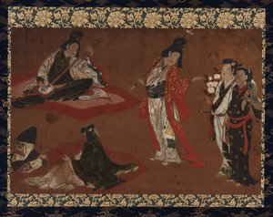 A Picnic Party, Hængende rulle (monteret på panel), tidligt i det 17. århundrede (farve og guld på papir) svensk av Japanese School