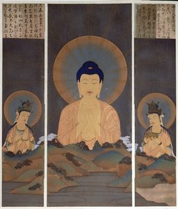 Föreställning av den buddhistiska treenigheten, Buddha Amitabha och hans två Bodhisattva, Kannon (Medkänsla)  Seishi (Visdom) på berget, illustration från tidskriften "Kokka", januari 1909 (färglitografi) av Japanese School