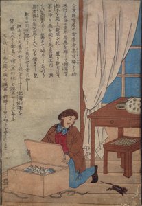 Audubon öppnar sin ask med akvareller förstörd av norska råttor, ca 1872-77 av Japanese School