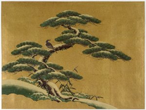 Fågel i ett träd (wc mot guldmark på japanskt papper) av Japanese School