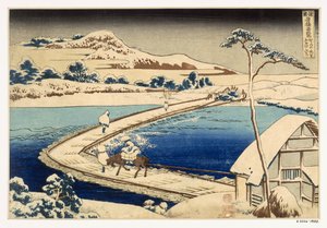 Bridge of Boats at Sawa, 1830, Hokusai Katsushika (1760-1849) (Handfärgat träblocktryck) av Japanese School