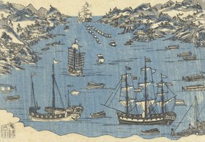 Bunkindotryck av utländska fartyg i hamnen i Nagasaki, 1800-50 av Japanese School