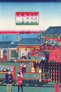 Centrala delen av en triptyk föreställande ett tåg i Yokohama, andra hälften av artonhundratalet (se även 277856) av Japanese School