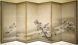 Krysantemums vid en ström (bläck på papper) av Japanese School
