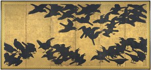 Kråkor, tidigt 1600-tal (par med sex panelskärmar; bläck och guld på papper) av Japanese School