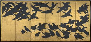Kråkor, tidigt 1600-tal (par med sex panelskärmar; bläck och guld på papper) av Japanese School
