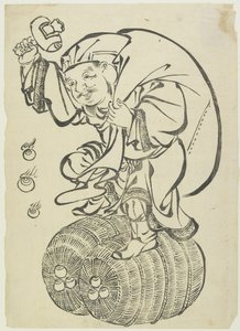 Daikoku God Dancing on Rice Bales, mitten till slutet av 1700-talet (träblocktryck) av Japanese School