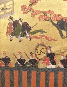 Detalj från en skärm med fyra blad som visar två hovmän som bär kazaritachi och soldater, Tosa School, Edo Period (färger, bläck, gofun och guld på papper) av Japanese School