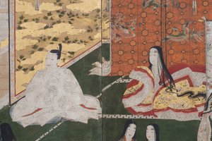 Detalj av våren i palatset, sexfaldig skärm från The Tale of Genji, ca 1650 (bläck, färger och guld på papper) av Japanese School