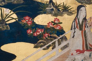 Detalj av våren i palatset, sexfaldig skärm från The Tale of Genji, ca 1650 (bläck, färger och guld på papper) av Japanese School