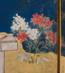 Detalj av våren i palatset, sexfaldig skärm från The Tale of Genji, ca 1650 (bläck, färger och guld på papper) av Japanese School